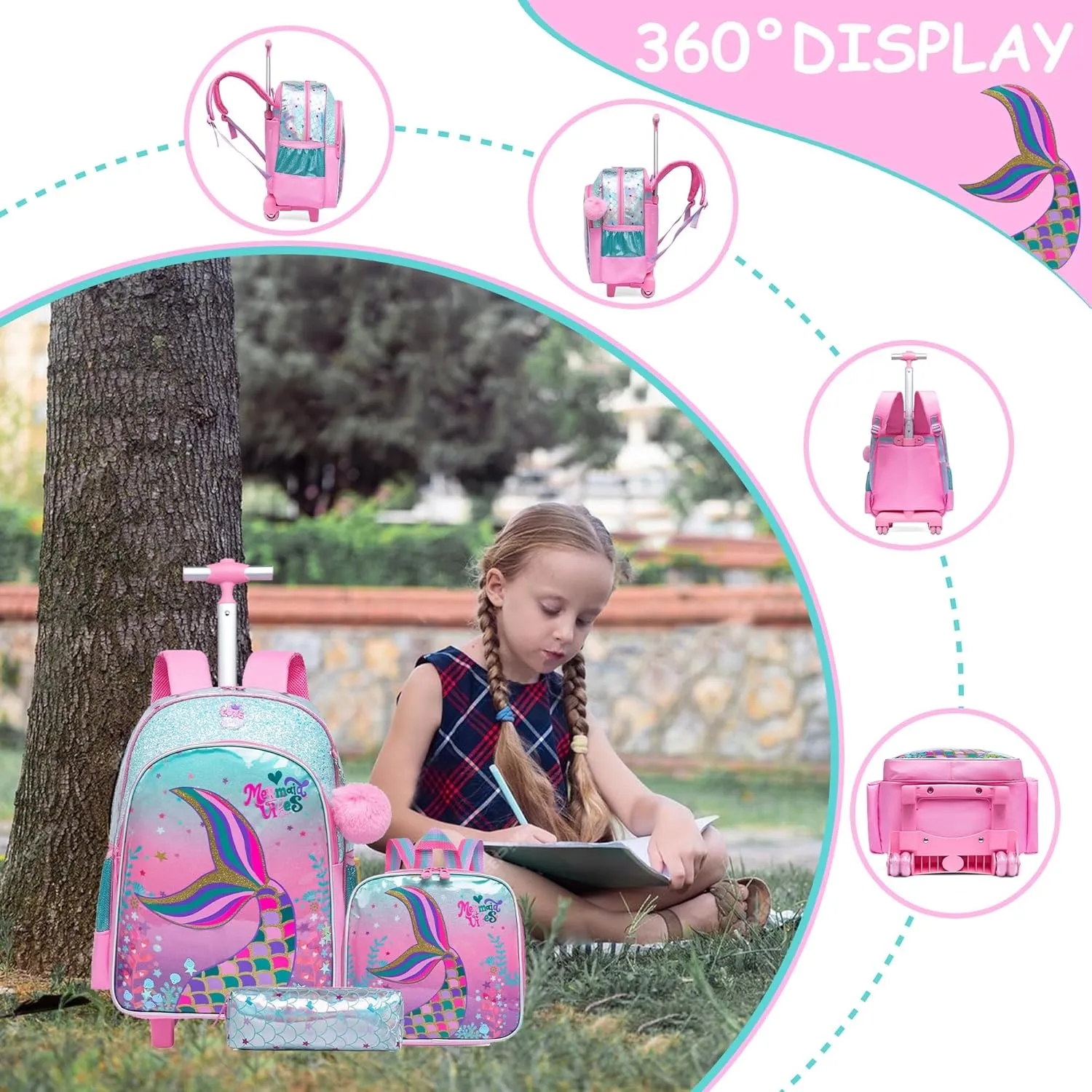 Meetbelify Cute Mermaid Rolling Backpack for Girls Backpacks with Wheels for Elementary Preschool Students with Lunch Box Pencil Case for Girls Age 8-10
