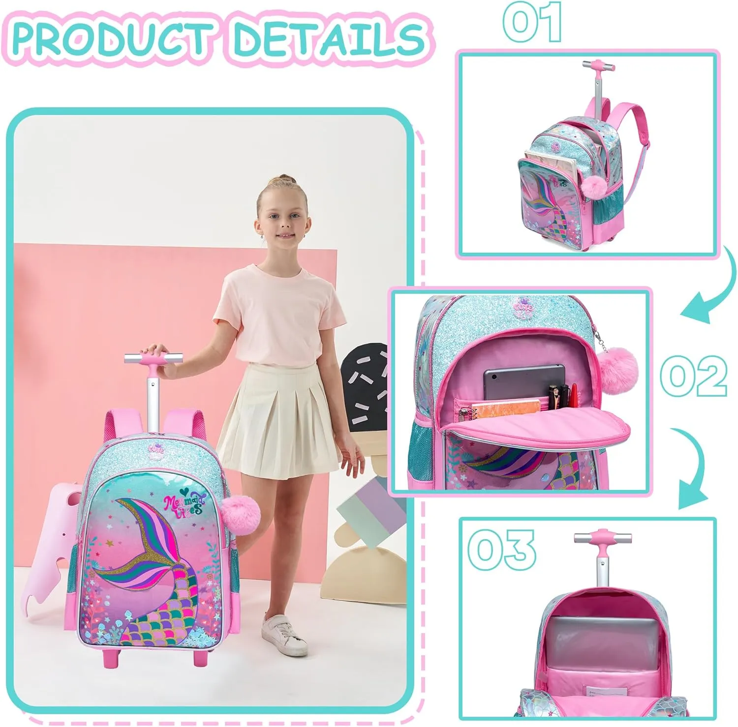 Meetbelify Cute Mermaid Rolling Backpack for Girls Backpacks with Wheels for Elementary Preschool Students with Lunch Box Pencil Case for Girls Age 8-10