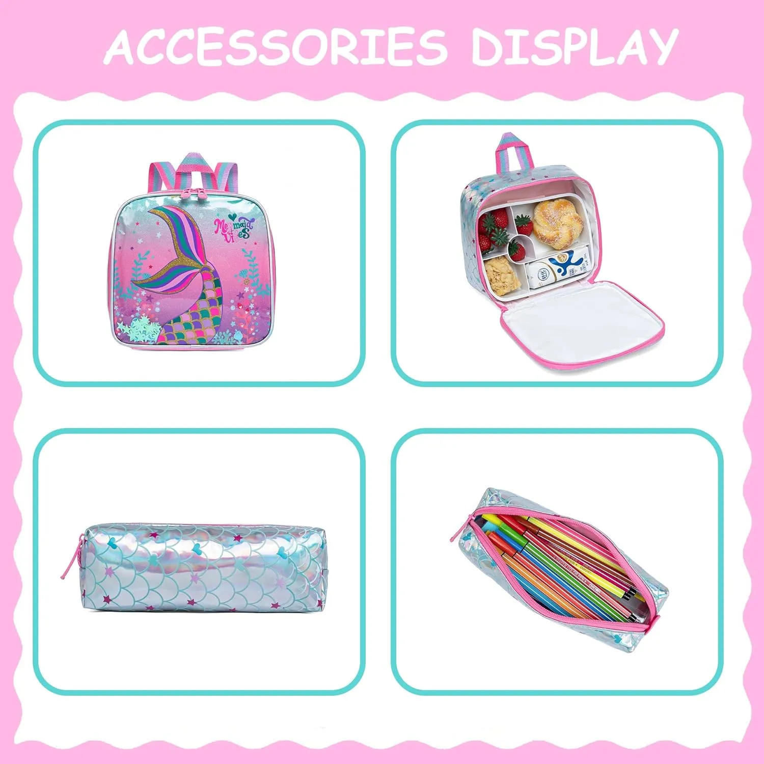 Meetbelify Cute Mermaid Rolling Backpack for Girls Backpacks with Wheels for Elementary Preschool Students with Lunch Box Pencil Case for Girls Age 8-10
