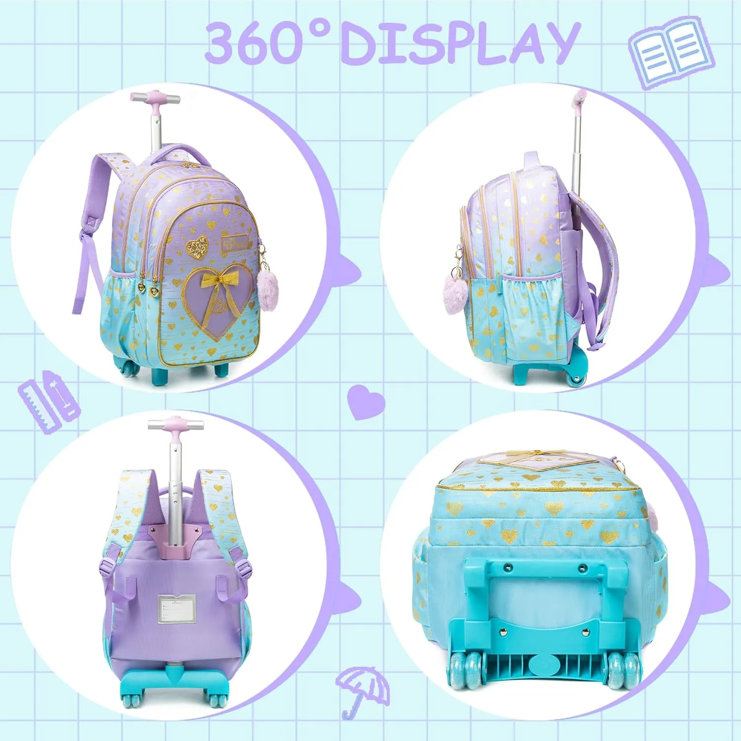 Meetbelify Girls Rolling Backpack Kids Backpacks with Wheels for Elementary Students Carry on Backpack with Lunch Box Travel Suitcase Trip Luggage for Girls Ages 6-8