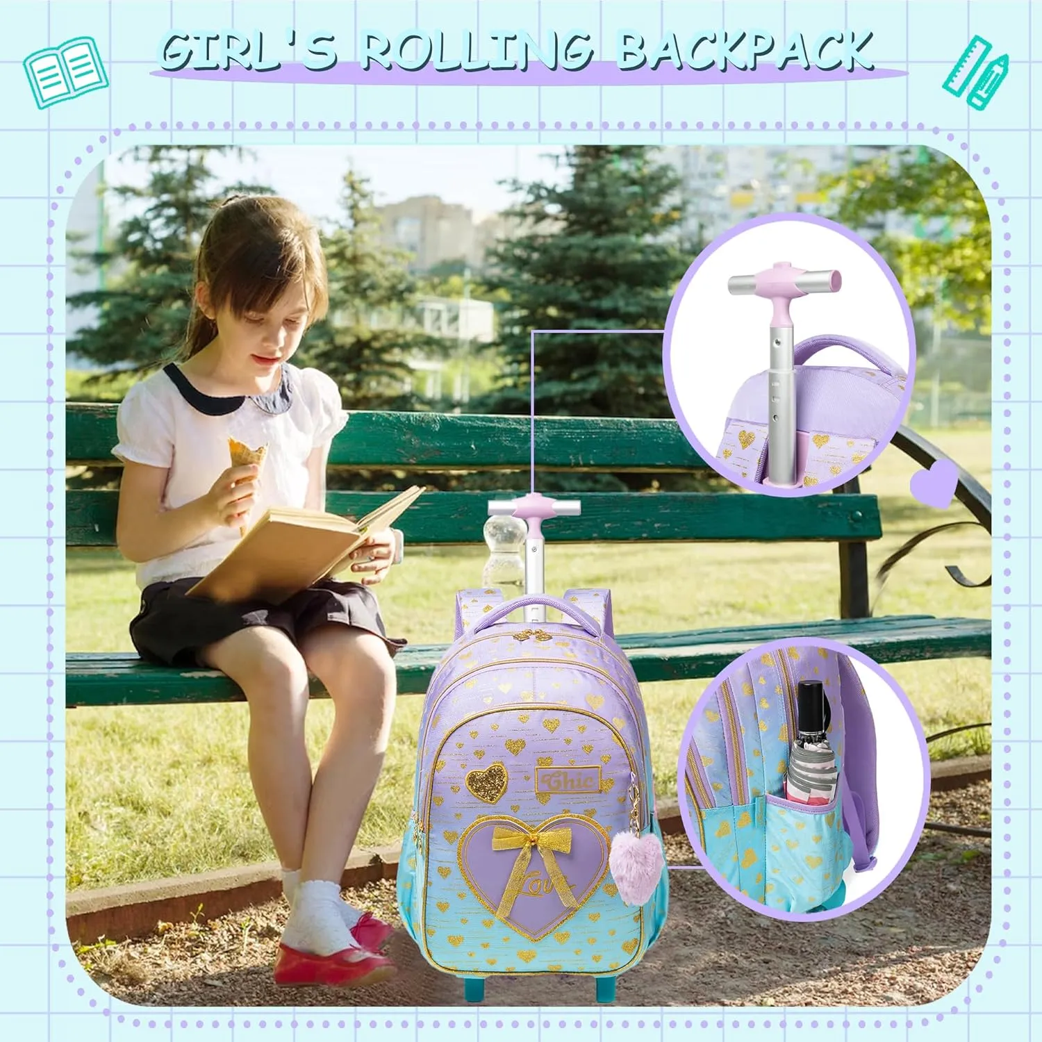 Meetbelify Girls Rolling Backpack Kids Backpacks with Wheels for Elementary Students Carry on Backpack with Lunch Box Travel Suitcase Trip Luggage for Girls Ages 6-8