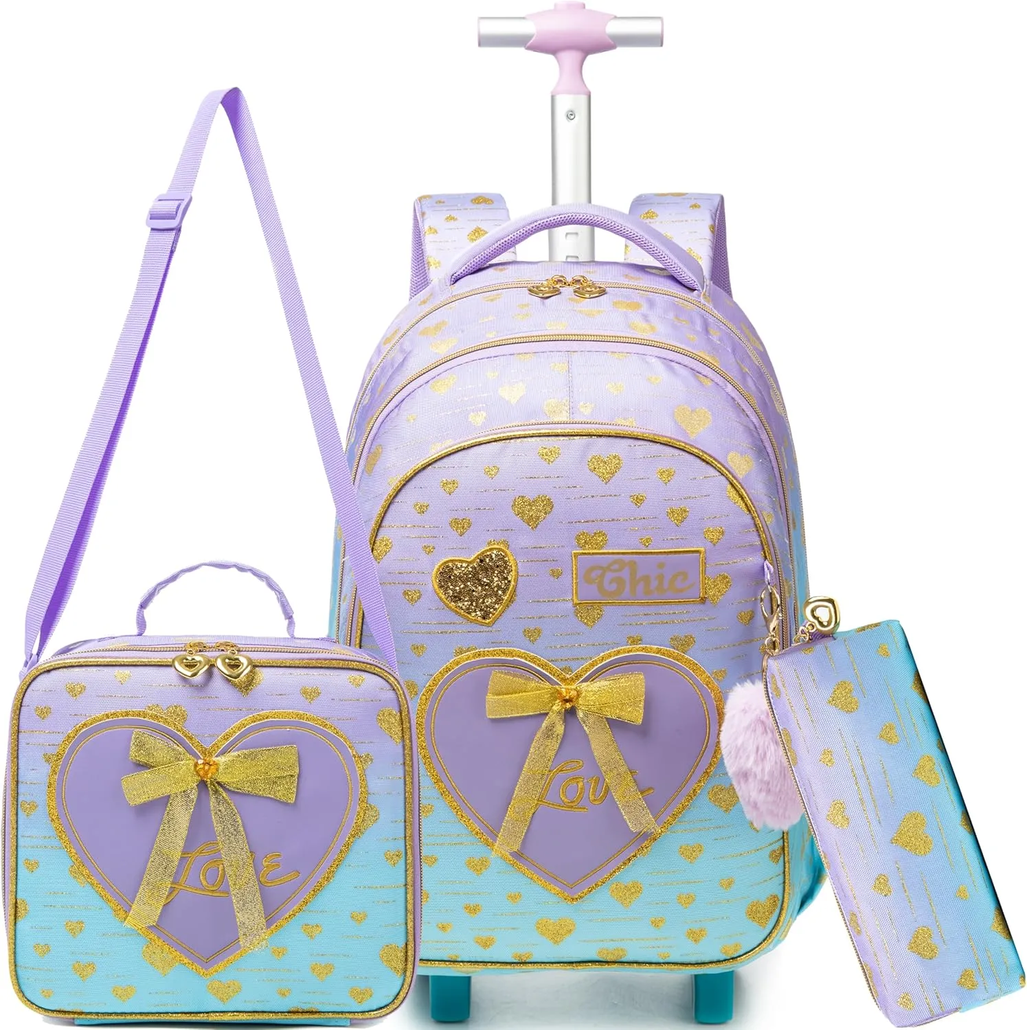 Meetbelify Girls Rolling Backpack Kids Backpacks with Wheels for Elementary Students Carry on Backpack with Lunch Box Travel Suitcase Trip Luggage for Girls Ages 6-8