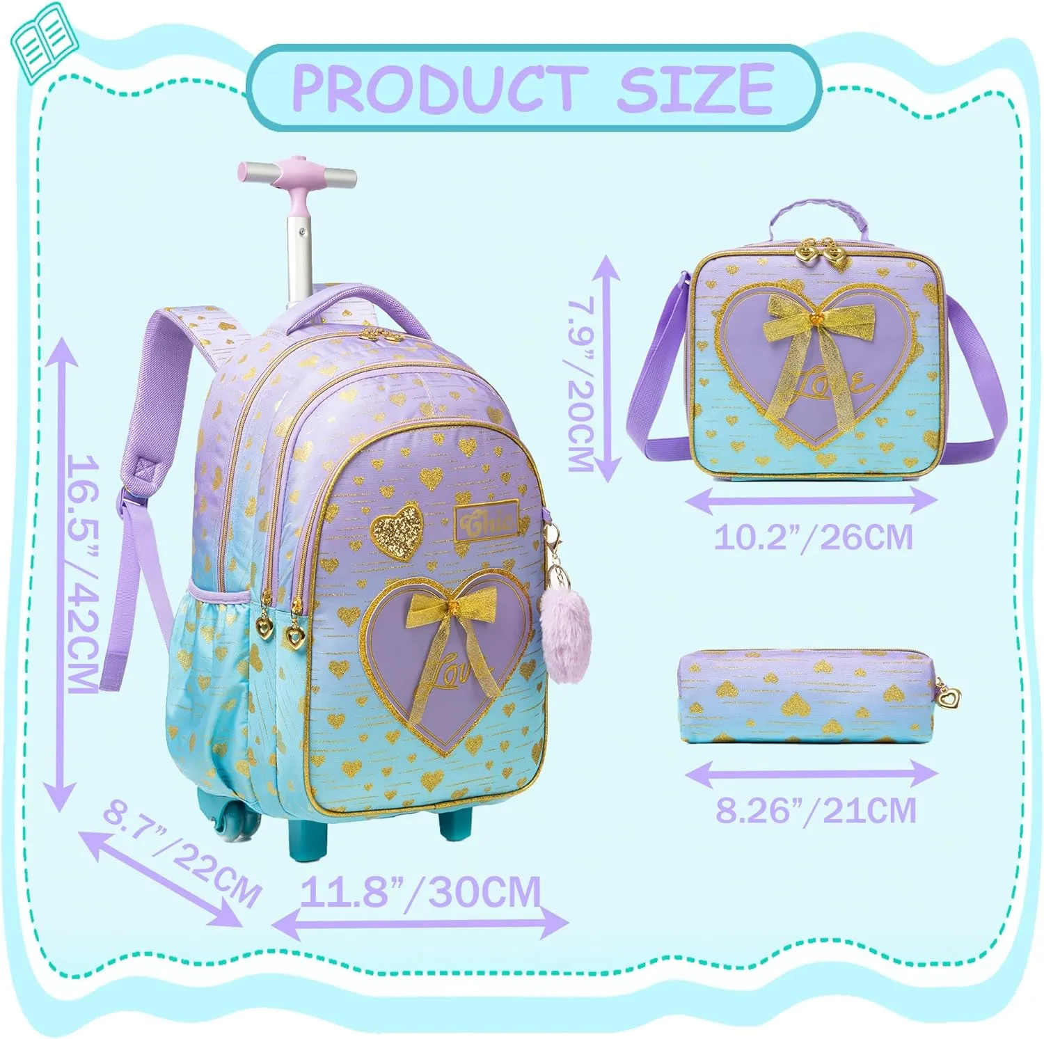 Meetbelify Girls Rolling Backpack Kids Backpacks with Wheels for Elementary Students Carry on Backpack with Lunch Box Travel Suitcase Trip Luggage for Girls Ages 6-8
