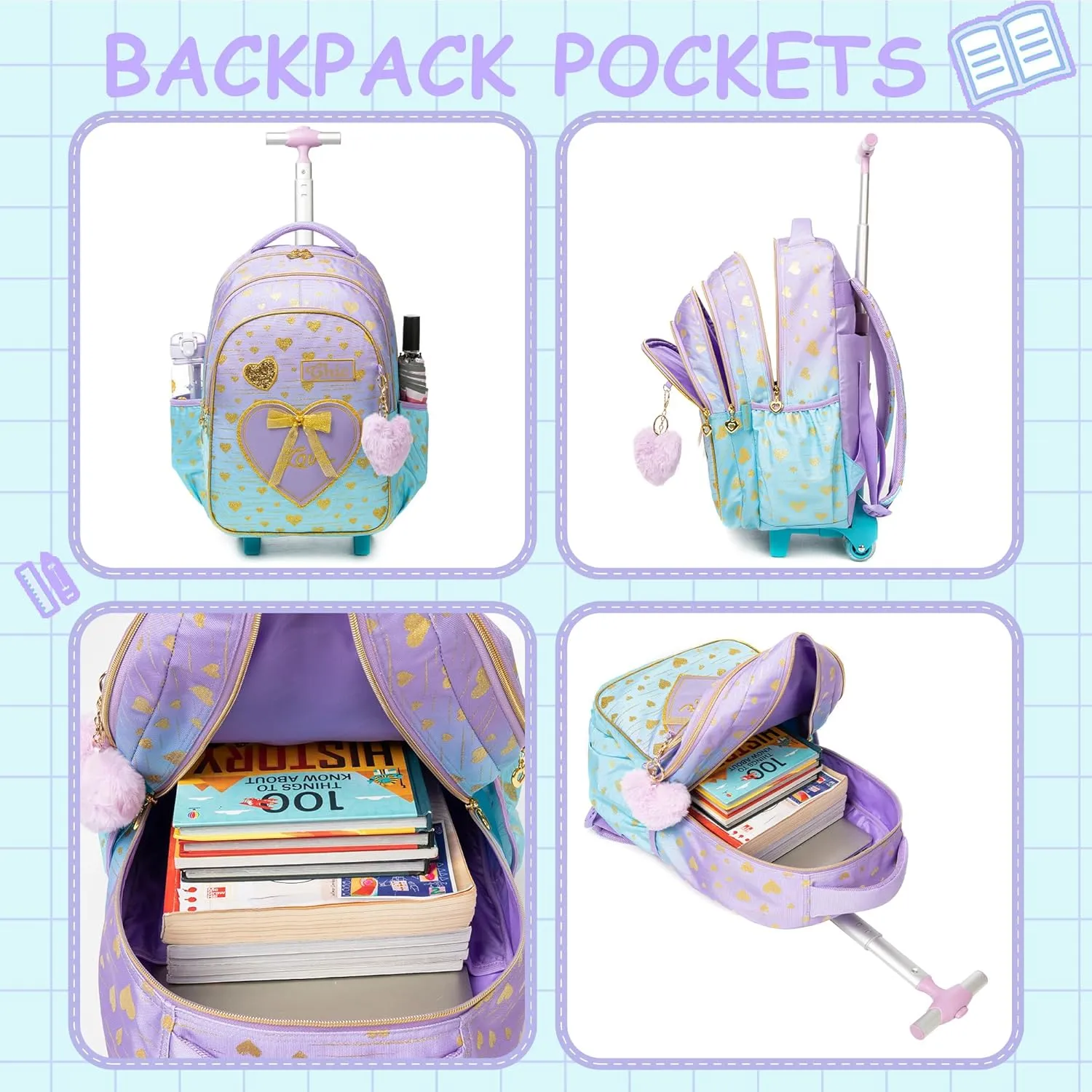 Meetbelify Girls Rolling Backpack Kids Backpacks with Wheels for Elementary Students Carry on Backpack with Lunch Box Travel Suitcase Trip Luggage for Girls Ages 6-8