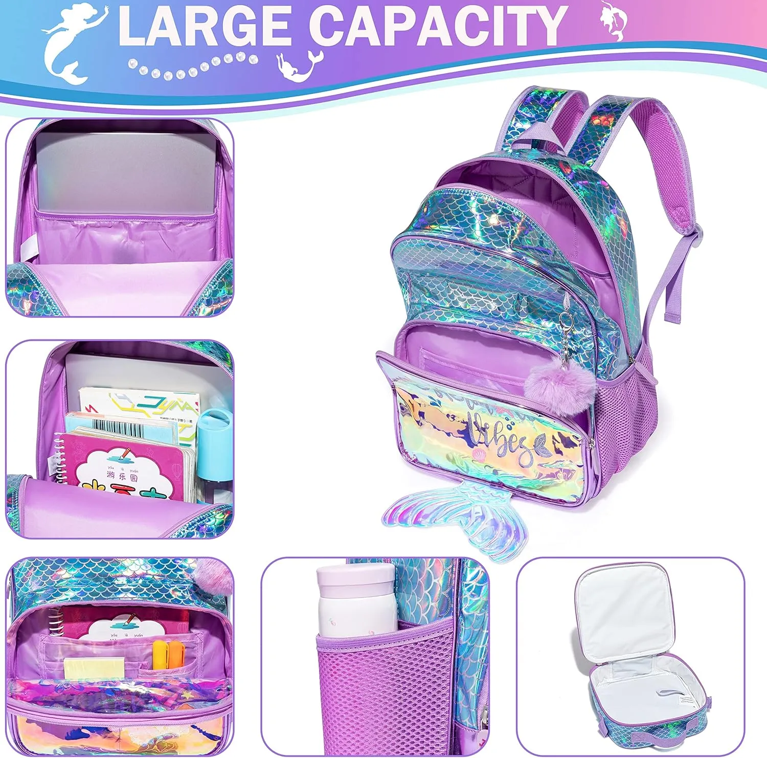 Meetbelify Kids Backpack for Gilrs School Mermaid Backpacks with Lunch Box for Elementary Kindergarten Cute 4 in 1 Bookbag for Girls