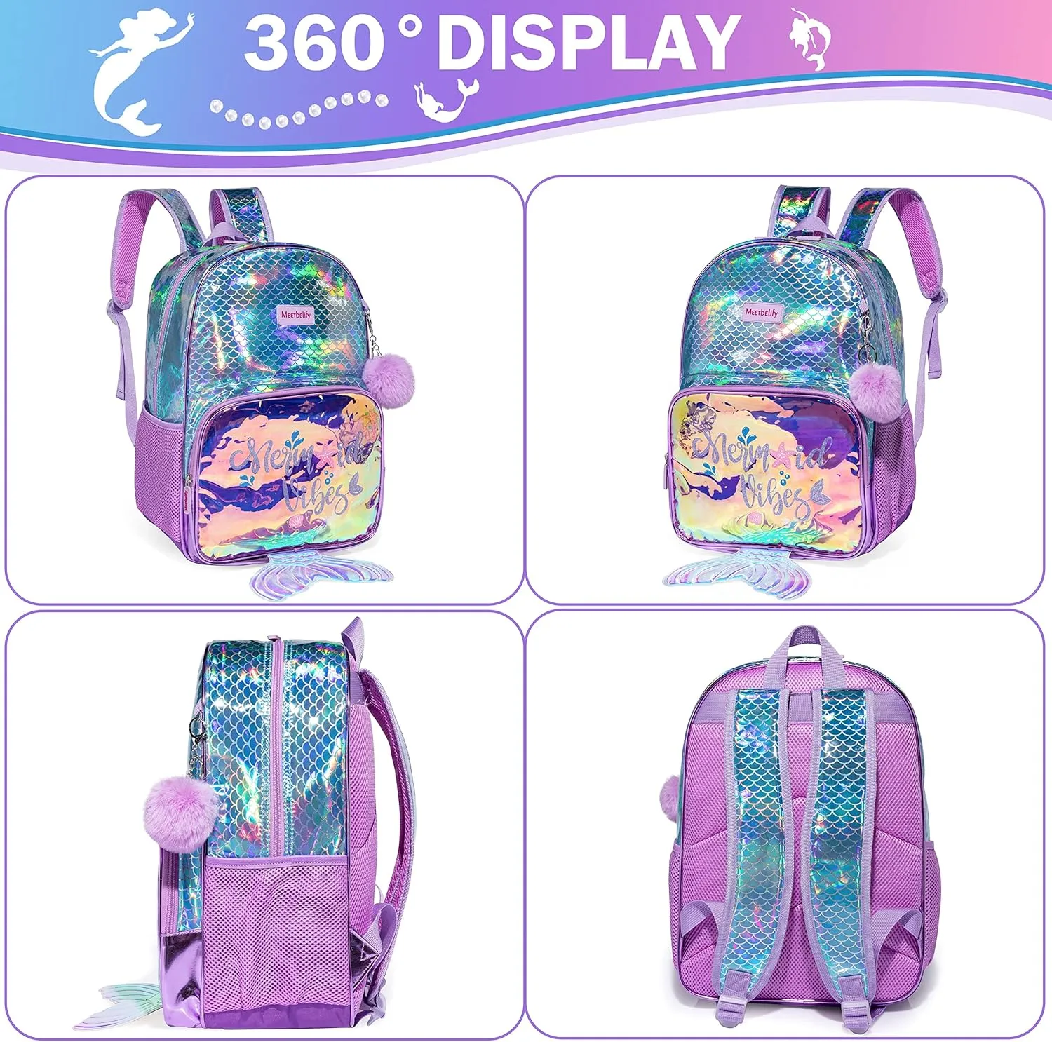 Meetbelify Kids Backpack for Gilrs School Mermaid Backpacks with Lunch Box for Elementary Kindergarten Cute 4 in 1 Bookbag for Girls