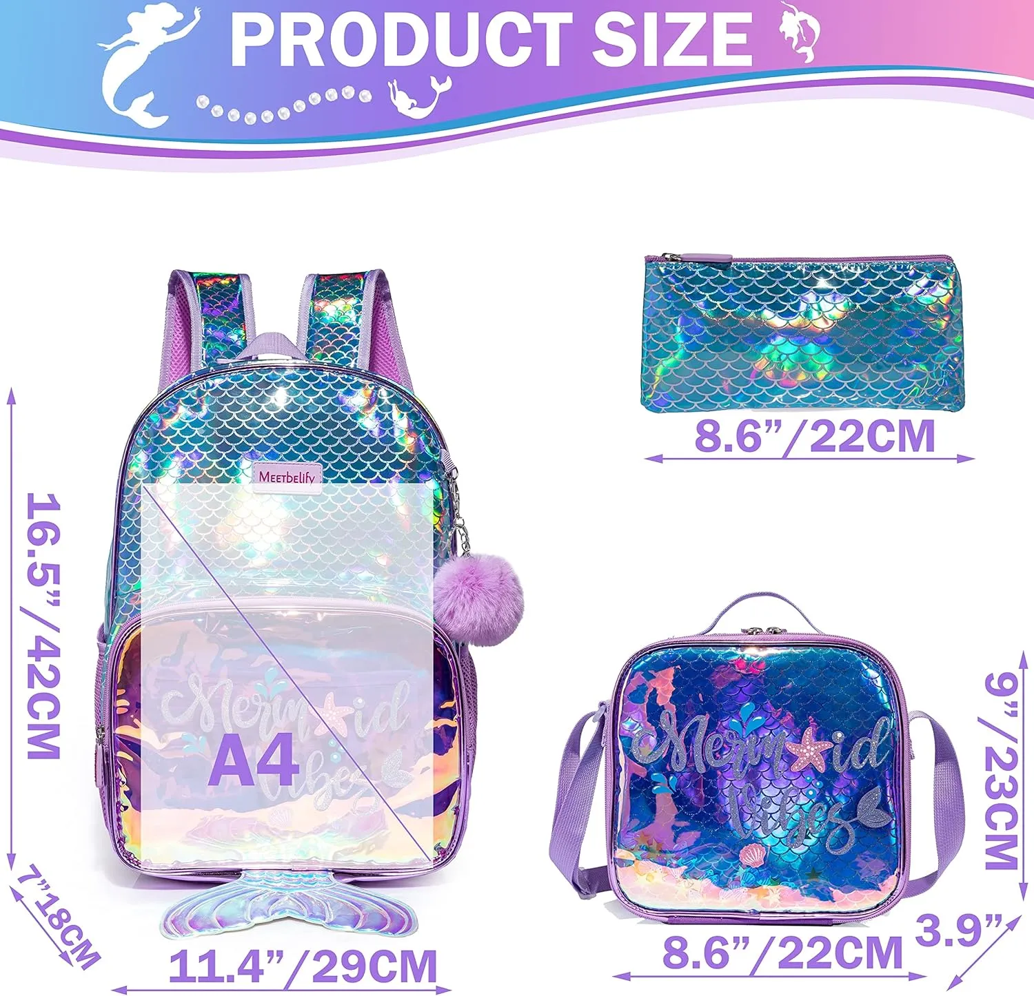 Meetbelify Kids Backpack for Gilrs School Mermaid Backpacks with Lunch Box for Elementary Kindergarten Cute 4 in 1 Bookbag for Girls