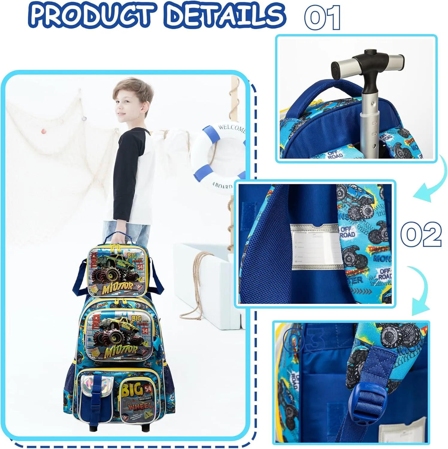 Meetbelify Kids Rolling Backpack with Wheels for Boys Rolling Backpacks with Lunch Box for Elementary School Students 3 in 1 Travel Luggage Suitcase for Boys Age 8-10