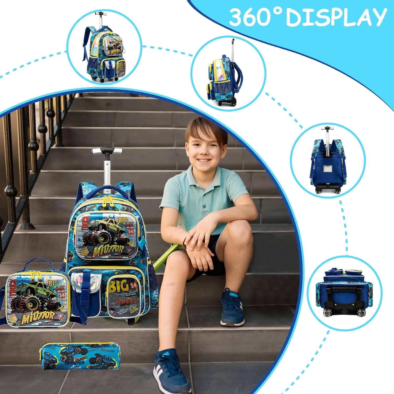 Meetbelify Kids Rolling Backpack with Wheels for Boys Rolling Backpacks with Lunch Box for Elementary School Students 3 in 1 Travel Luggage Suitcase for Boys Age 8-10