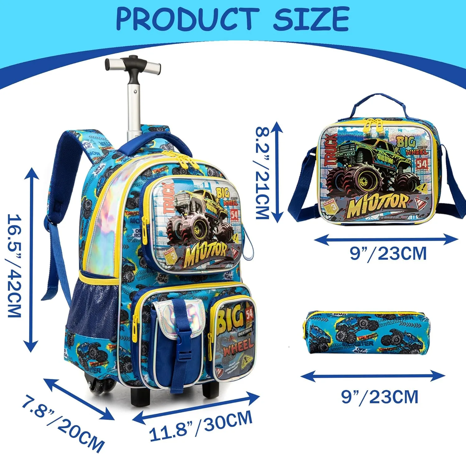 Meetbelify Kids Rolling Backpack with Wheels for Boys Rolling Backpacks with Lunch Box for Elementary School Students 3 in 1 Travel Luggage Suitcase for Boys Age 8-10