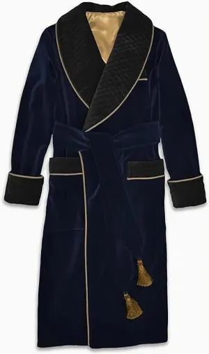Men's Blue Long Gown Jackets with Black Fine Quilted Cord Piping Long Smoking Jacket Evening Wear