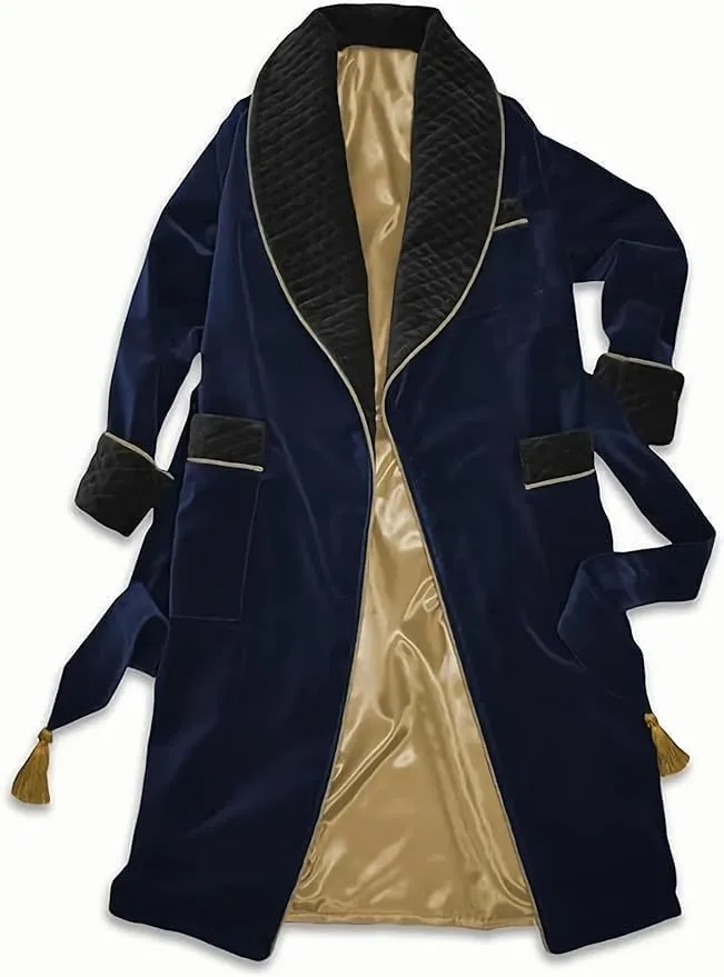 Men's Blue Long Gown Jackets with Black Fine Quilted Cord Piping Long Smoking Jacket Evening Wear