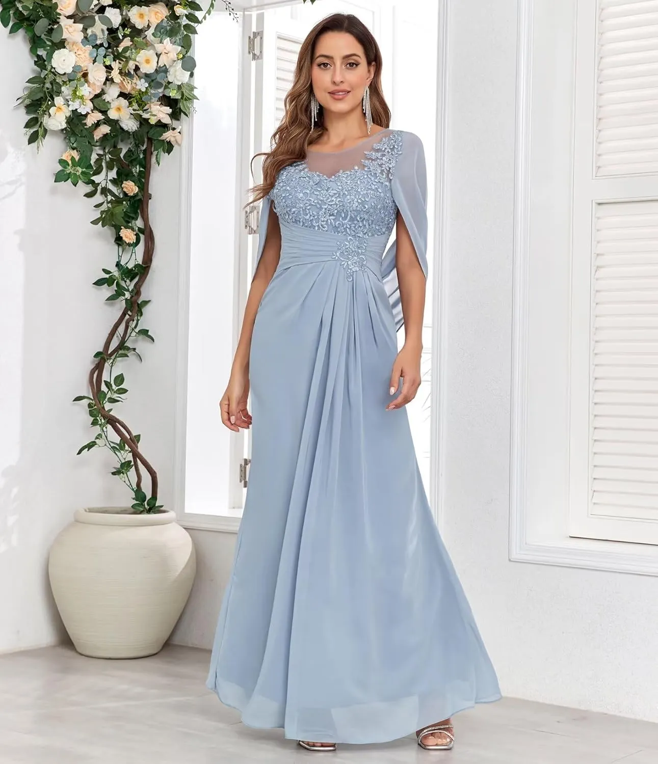 Mermaid Chiffon Mother of The Bride Dresses for Wedding with Cape Sleeves Lace Formal Mother of The Groom Dress
