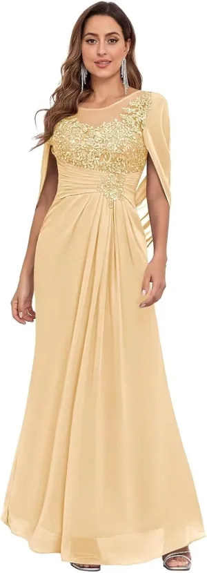 Mermaid Chiffon Mother of The Bride Dresses for Wedding with Cape Sleeves Lace Formal Mother of The Groom Dress