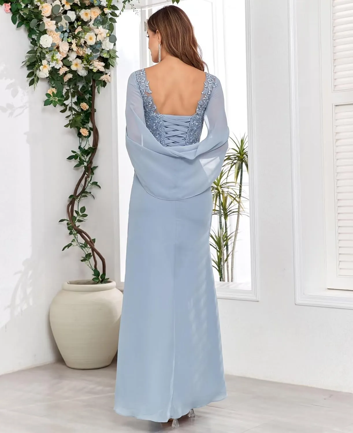 Mermaid Chiffon Mother of The Bride Dresses for Wedding with Cape Sleeves Lace Formal Mother of The Groom Dress