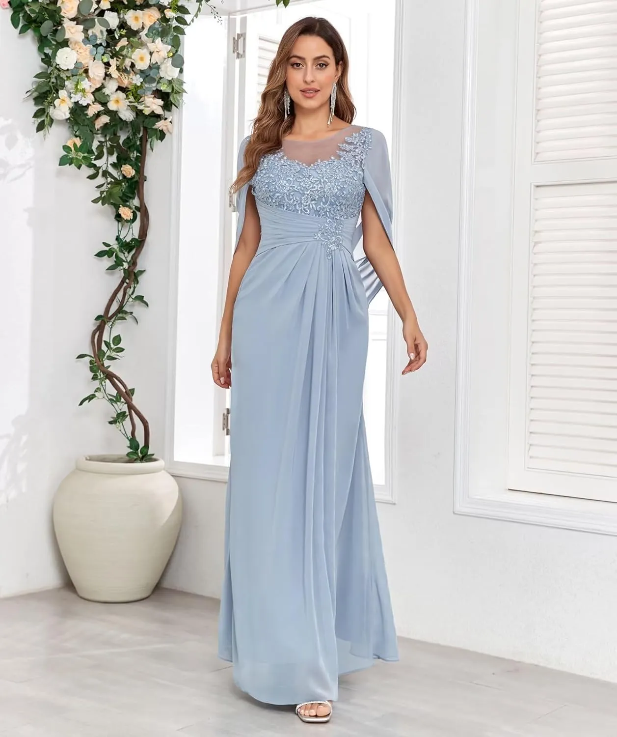Mermaid Chiffon Mother of The Bride Dresses for Wedding with Cape Sleeves Lace Formal Mother of The Groom Dress