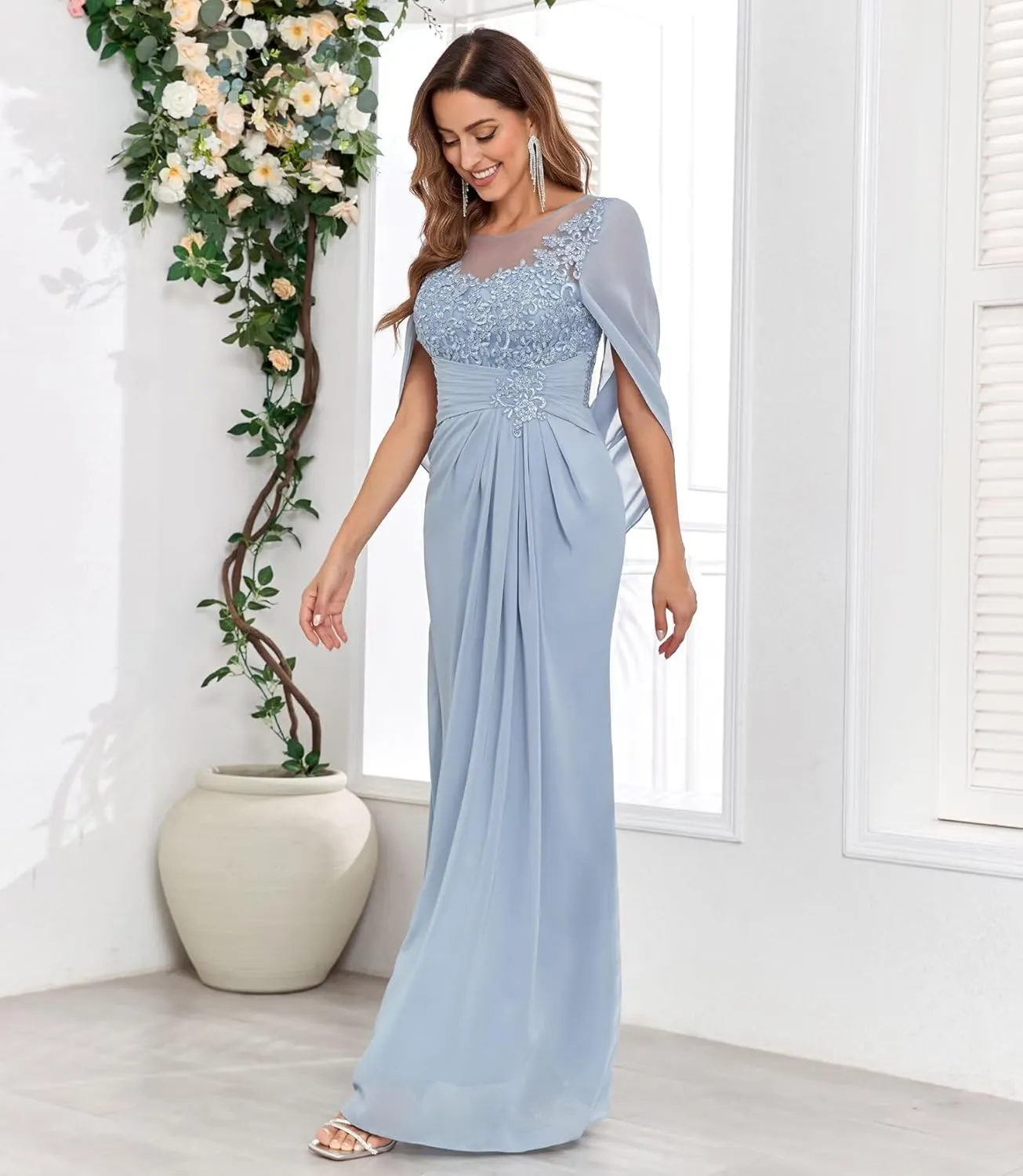 Mermaid Chiffon Mother of The Bride Dresses for Wedding with Cape Sleeves Lace Formal Mother of The Groom Dress