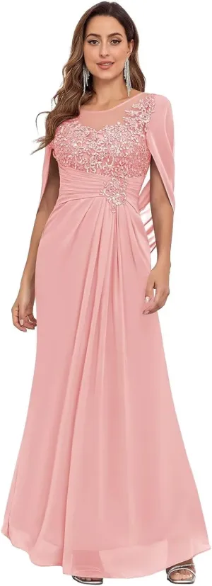 Mermaid Chiffon Mother of The Bride Dresses for Wedding with Cape Sleeves Lace Formal Mother of The Groom Dress