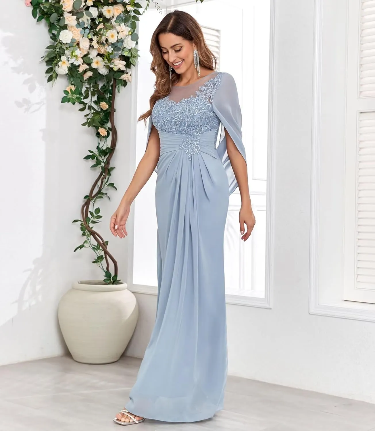 Mermaid Chiffon Mother of The Bride Dresses for Wedding with Cape Sleeves Lace Formal Mother of The Groom Dress