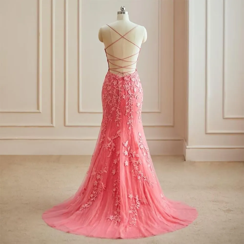 Mermaid lace Decal Women's Evening Dress with Front Slit Thin Shoulder Strap Ball Dress