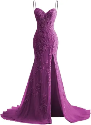 Mermaid lace Decal Women's Evening Dress with Front Slit Thin Shoulder Strap Ball Dress