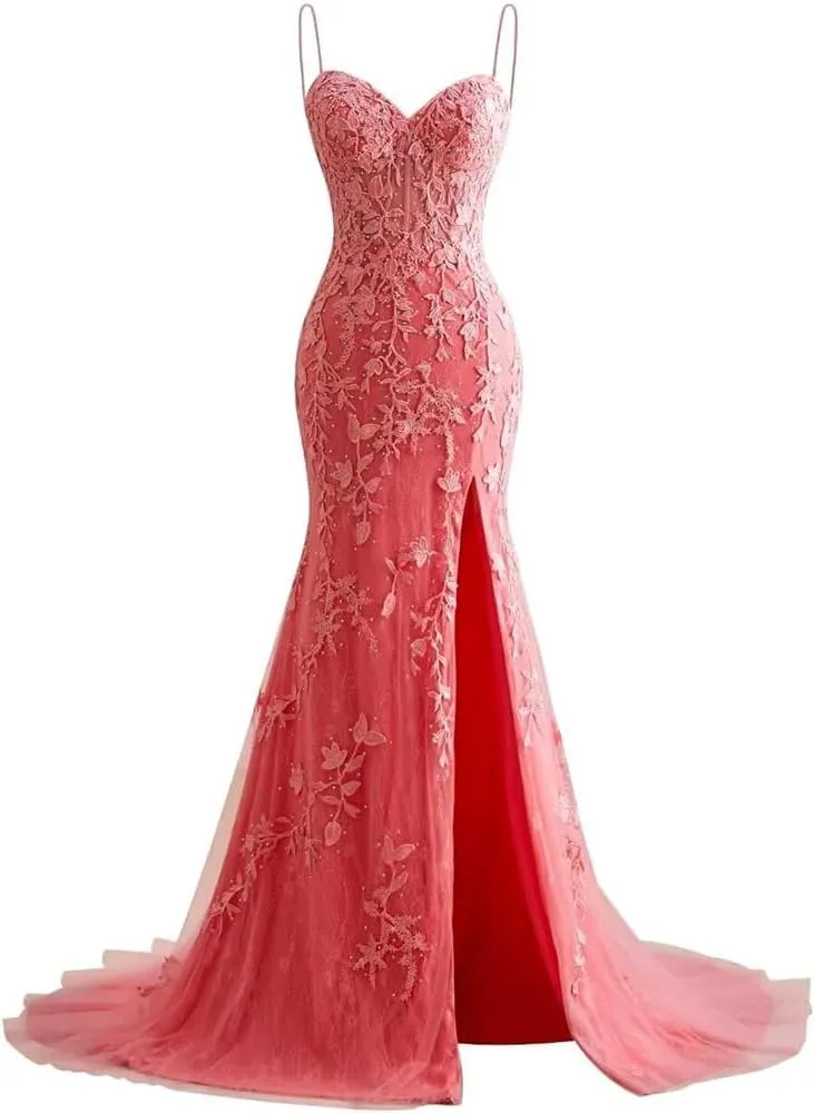 Mermaid lace Decal Women's Evening Dress with Front Slit Thin Shoulder Strap Ball Dress