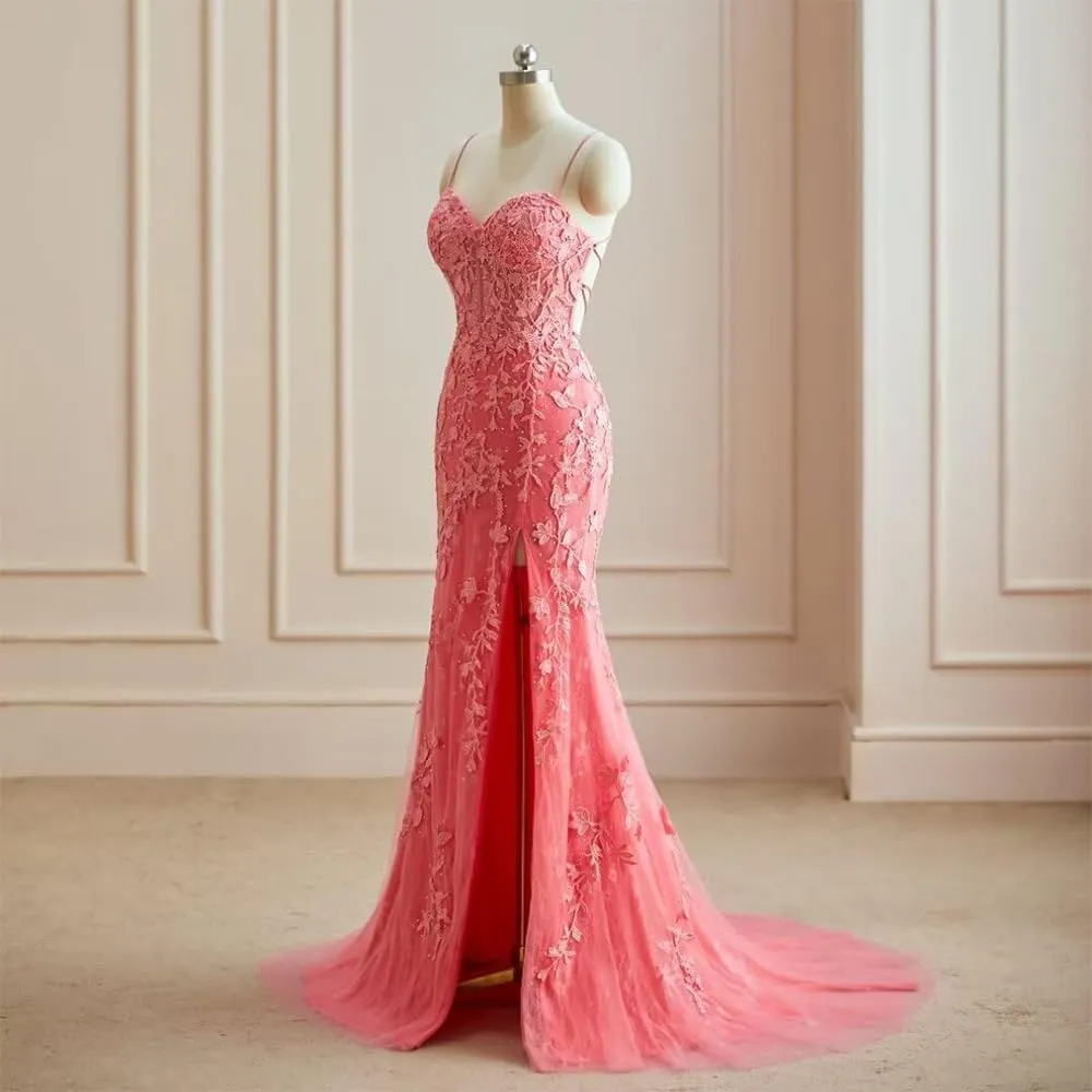 Mermaid lace Decal Women's Evening Dress with Front Slit Thin Shoulder Strap Ball Dress