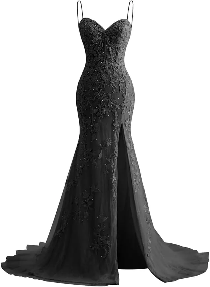 Mermaid lace Decal Women's Evening Dress with Front Slit Thin Shoulder Strap Ball Dress
