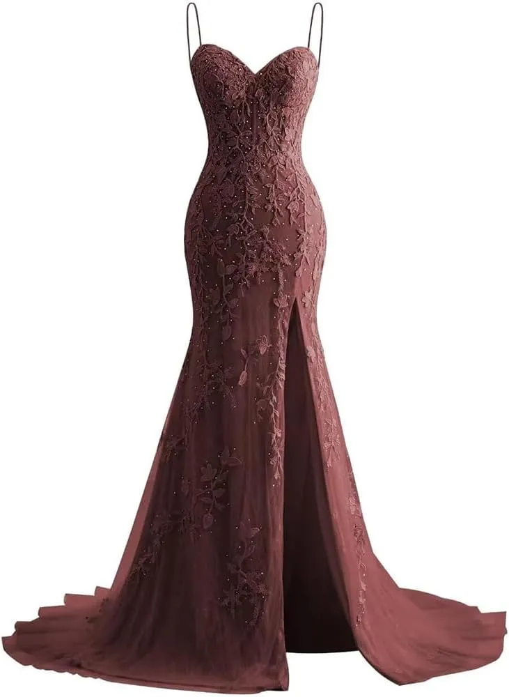 Mermaid lace Decal Women's Evening Dress with Front Slit Thin Shoulder Strap Ball Dress
