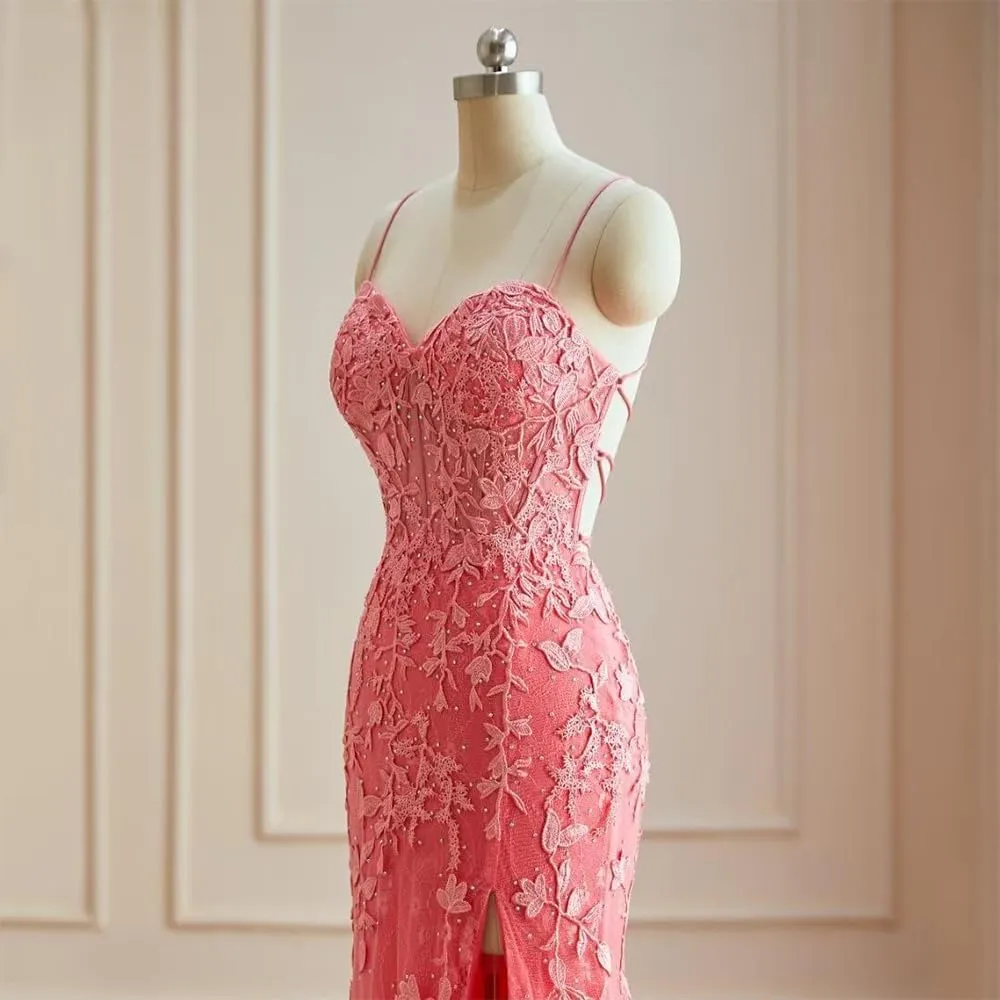 Mermaid lace Decal Women's Evening Dress with Front Slit Thin Shoulder Strap Ball Dress