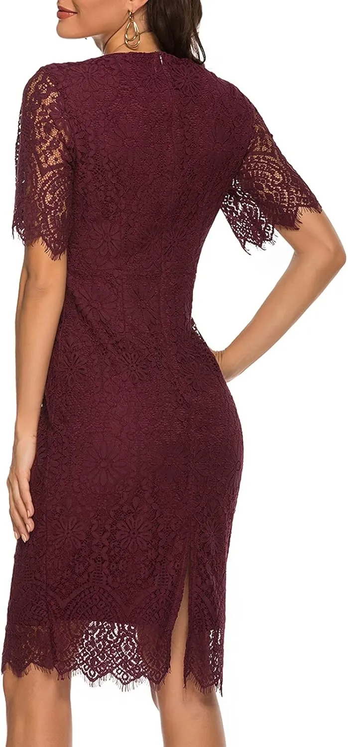 MEROKEETY Women's Short Sleeve Lace Floral Cocktail Dress Crew Neck Knee Length for Party