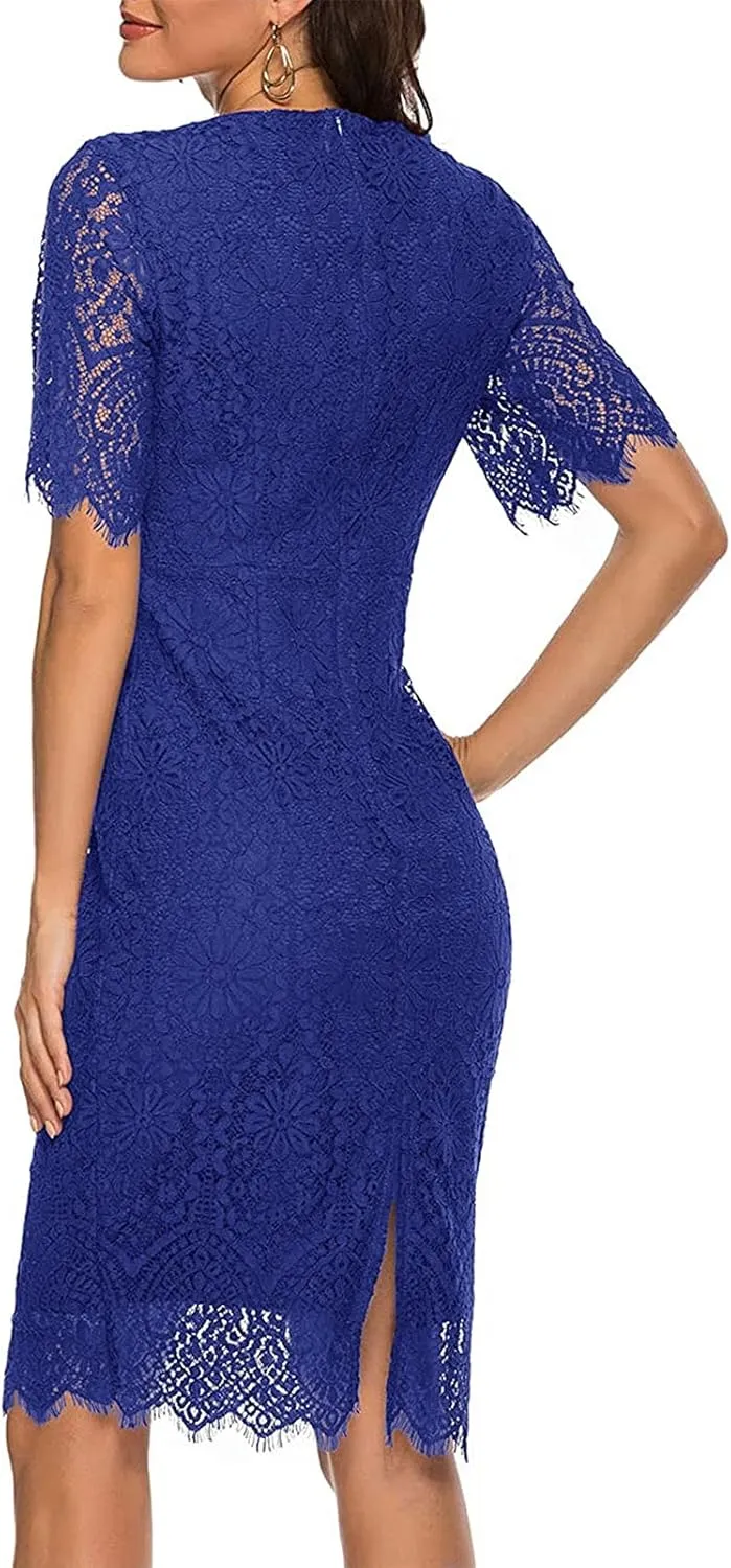 MEROKEETY Women's Short Sleeve Lace Floral Cocktail Dress Crew Neck Knee Length for Party