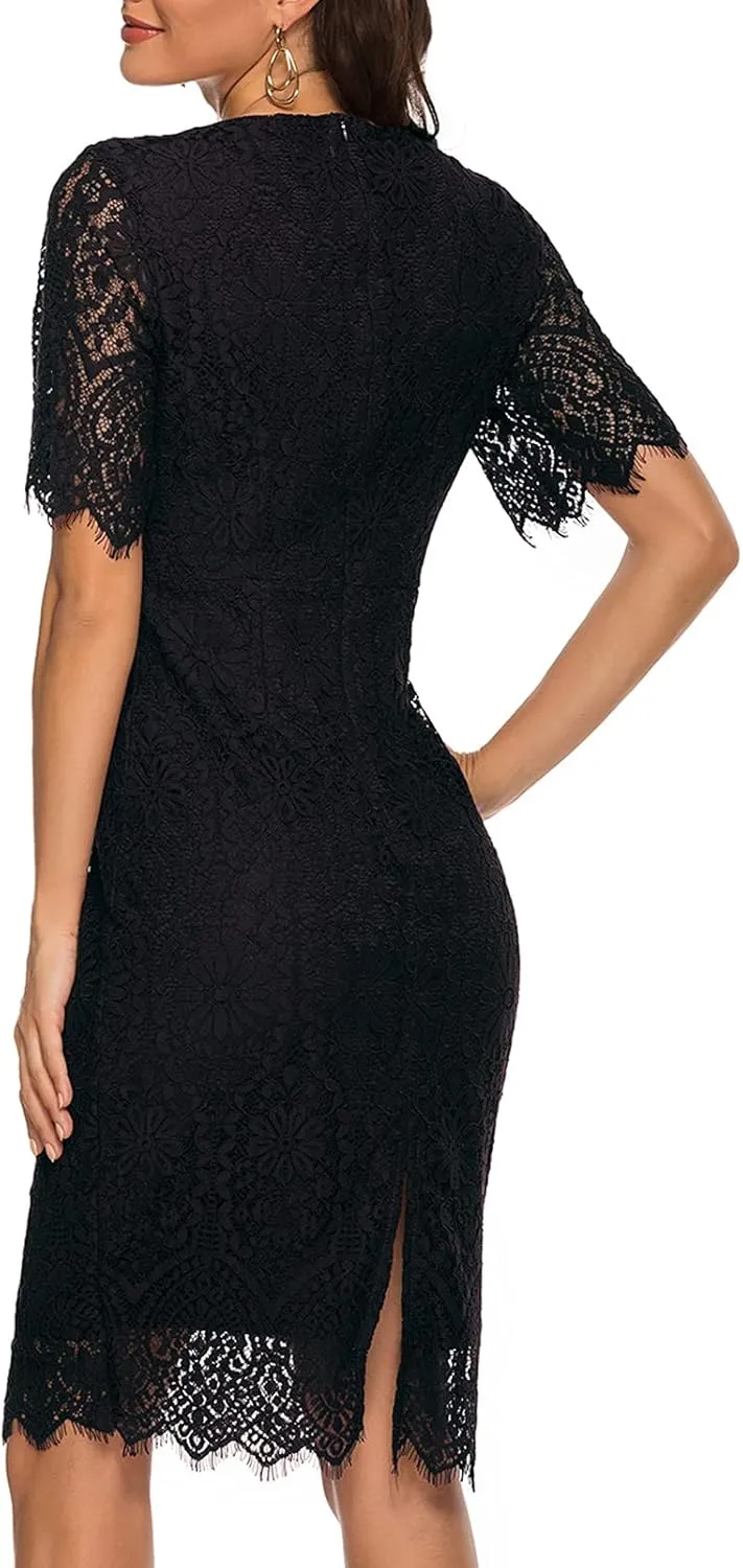 MEROKEETY Women's Short Sleeve Lace Floral Cocktail Dress Crew Neck Knee Length for Party