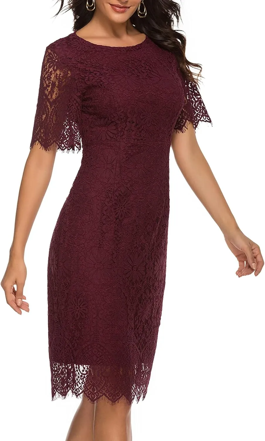 MEROKEETY Women's Short Sleeve Lace Floral Cocktail Dress Crew Neck Knee Length for Party