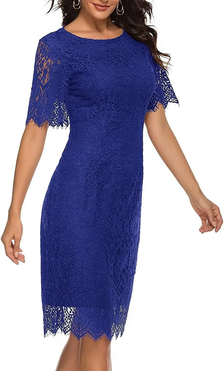 MEROKEETY Women's Short Sleeve Lace Floral Cocktail Dress Crew Neck Knee Length for Party