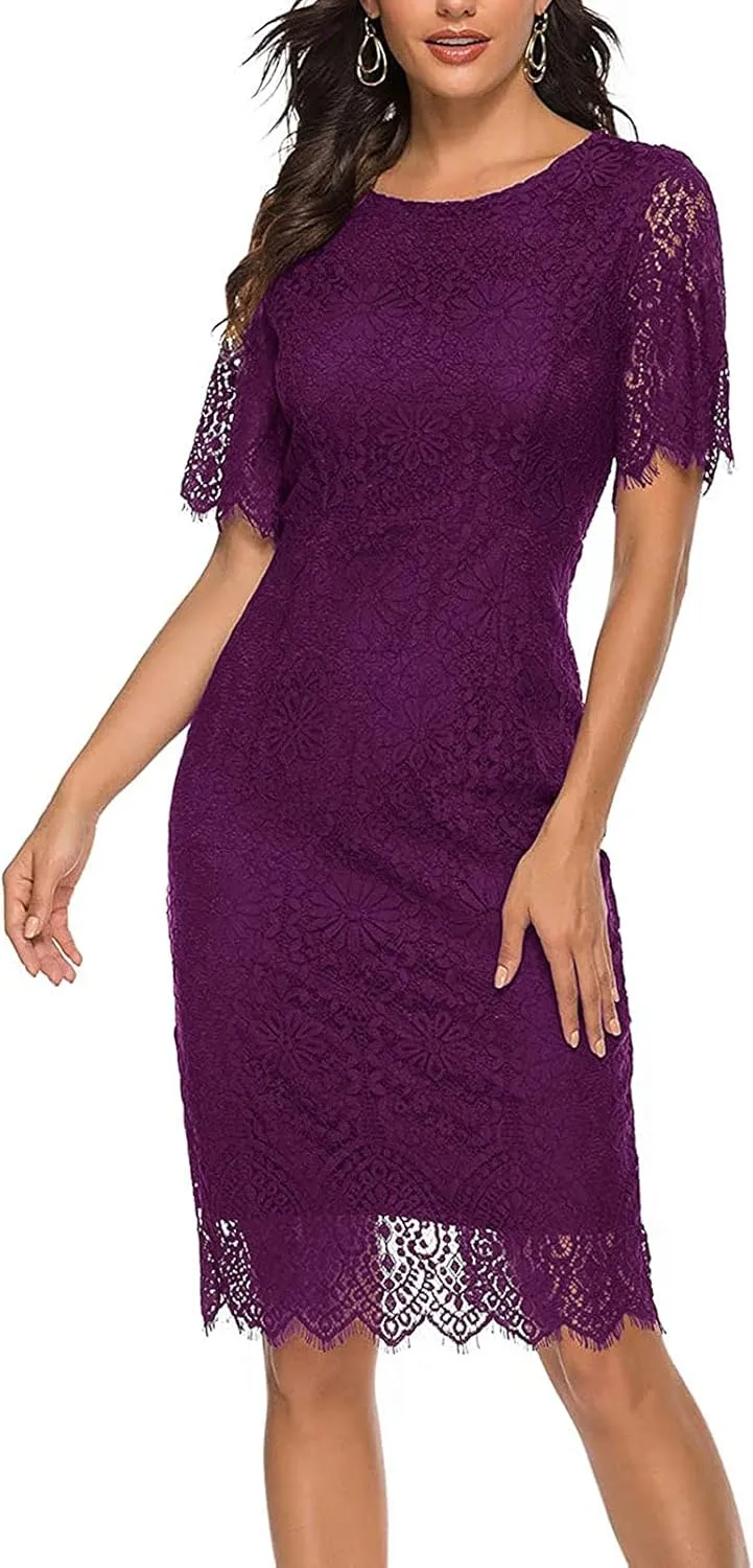 MEROKEETY Women's Short Sleeve Lace Floral Cocktail Dress Crew Neck Knee Length for Party