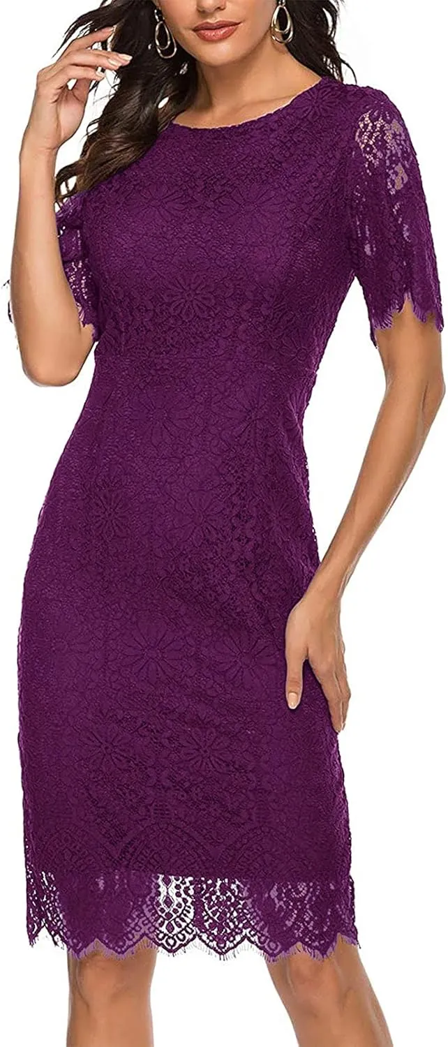 MEROKEETY Women's Short Sleeve Lace Floral Cocktail Dress Crew Neck Knee Length for Party