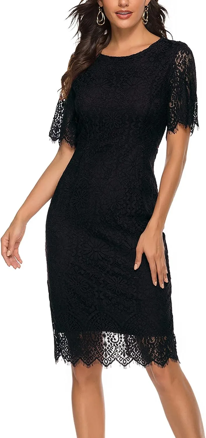 MEROKEETY Women's Short Sleeve Lace Floral Cocktail Dress Crew Neck Knee Length for Party