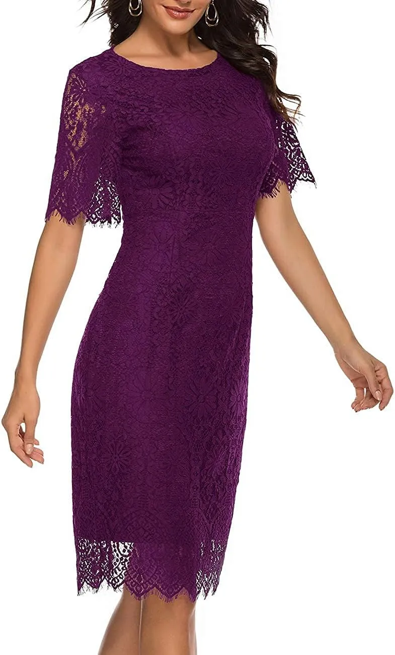 MEROKEETY Women's Short Sleeve Lace Floral Cocktail Dress Crew Neck Knee Length for Party