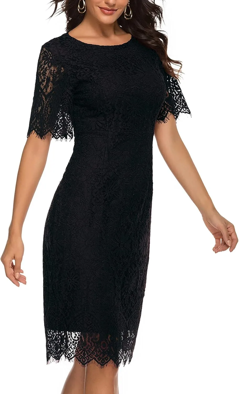 MEROKEETY Women's Short Sleeve Lace Floral Cocktail Dress Crew Neck Knee Length for Party