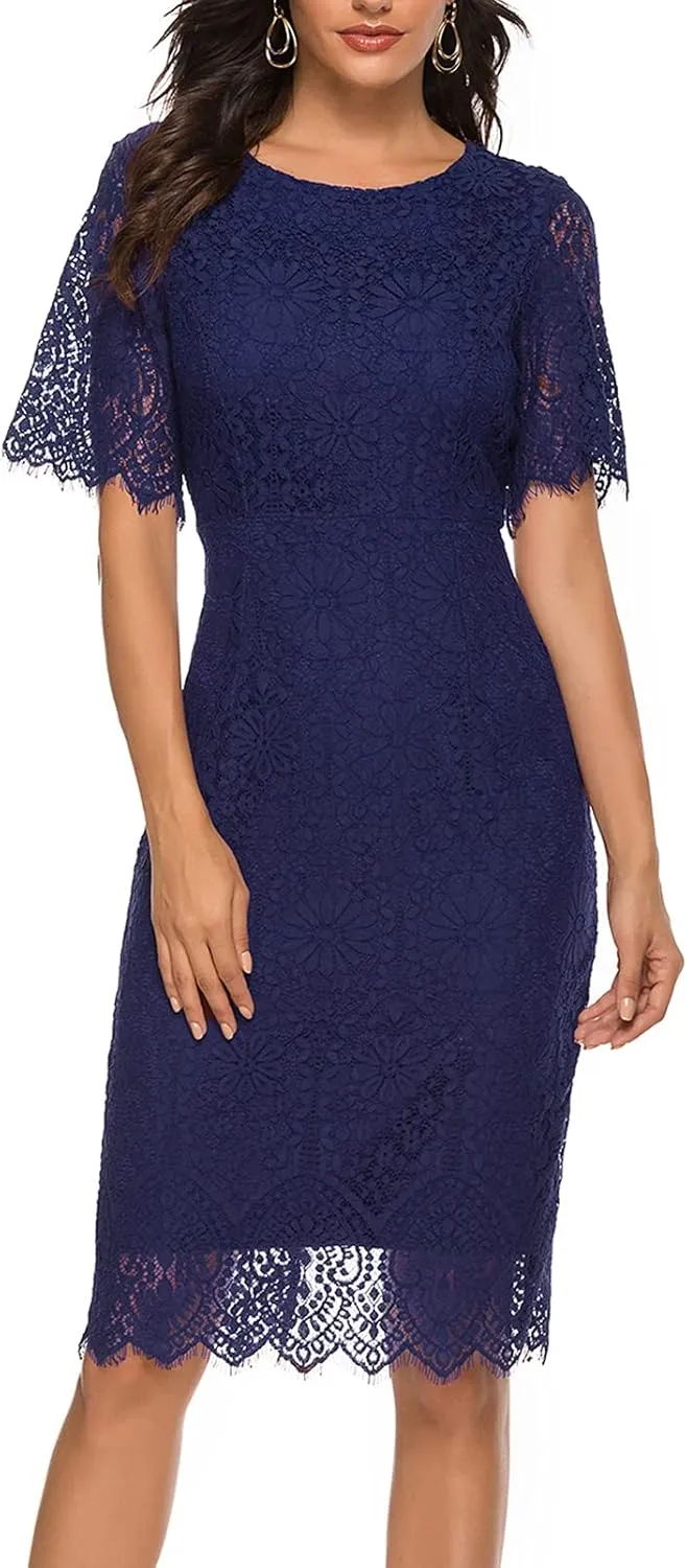 MEROKEETY Women's Short Sleeve Lace Floral Cocktail Dress Crew Neck Knee Length for Party