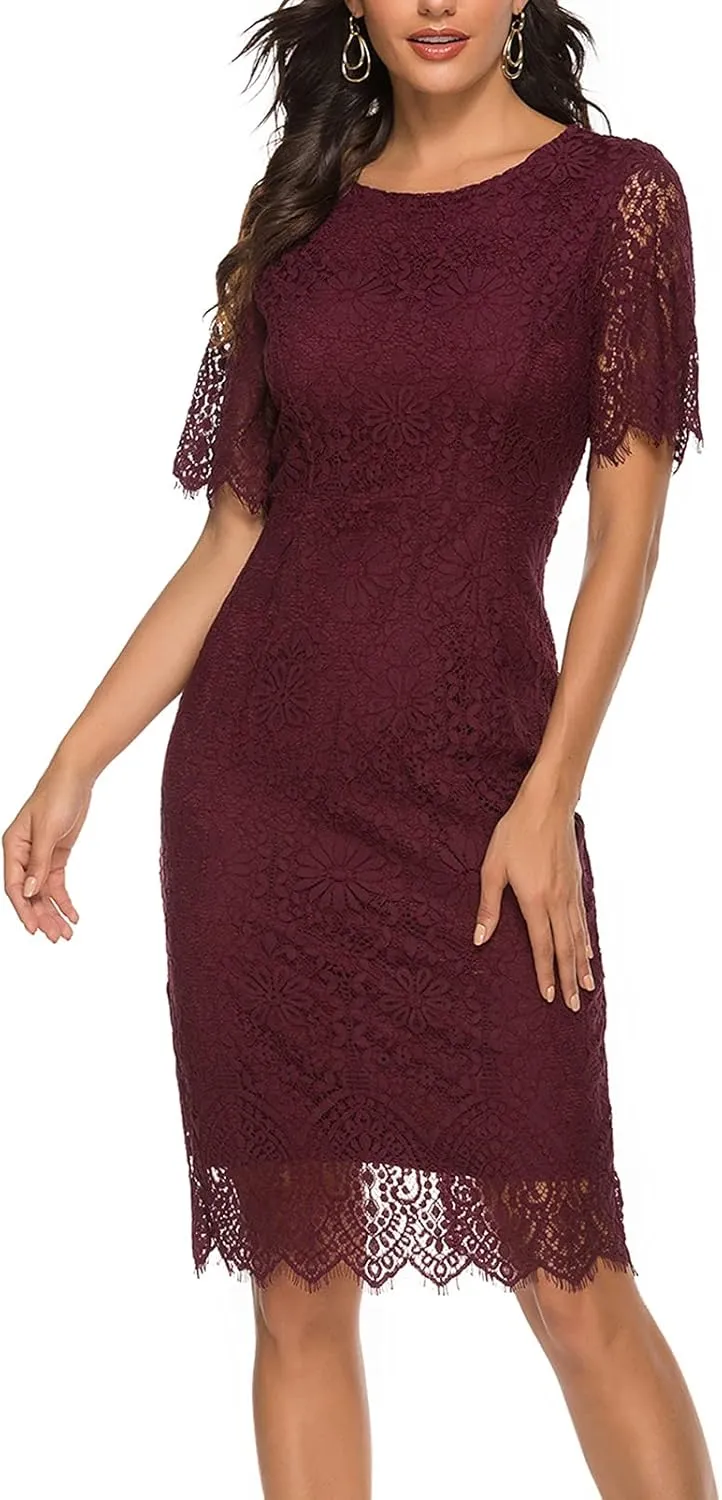 MEROKEETY Women's Short Sleeve Lace Floral Cocktail Dress Crew Neck Knee Length for Party