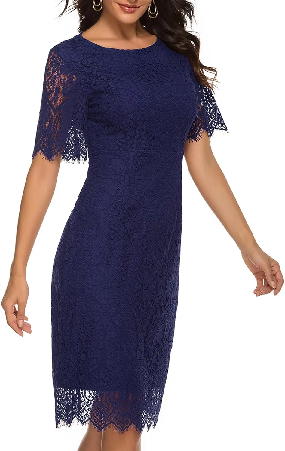 MEROKEETY Women's Short Sleeve Lace Floral Cocktail Dress Crew Neck Knee Length for Party