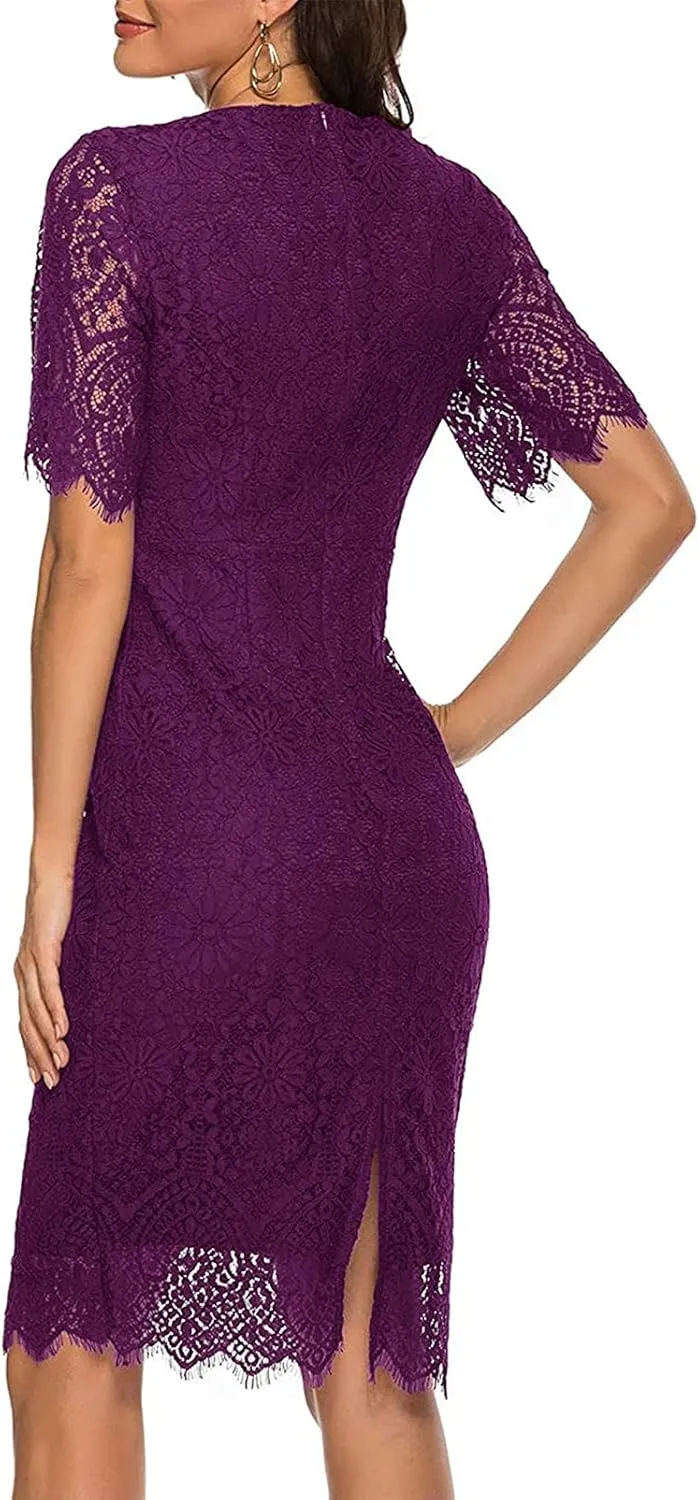 MEROKEETY Women's Short Sleeve Lace Floral Cocktail Dress Crew Neck Knee Length for Party