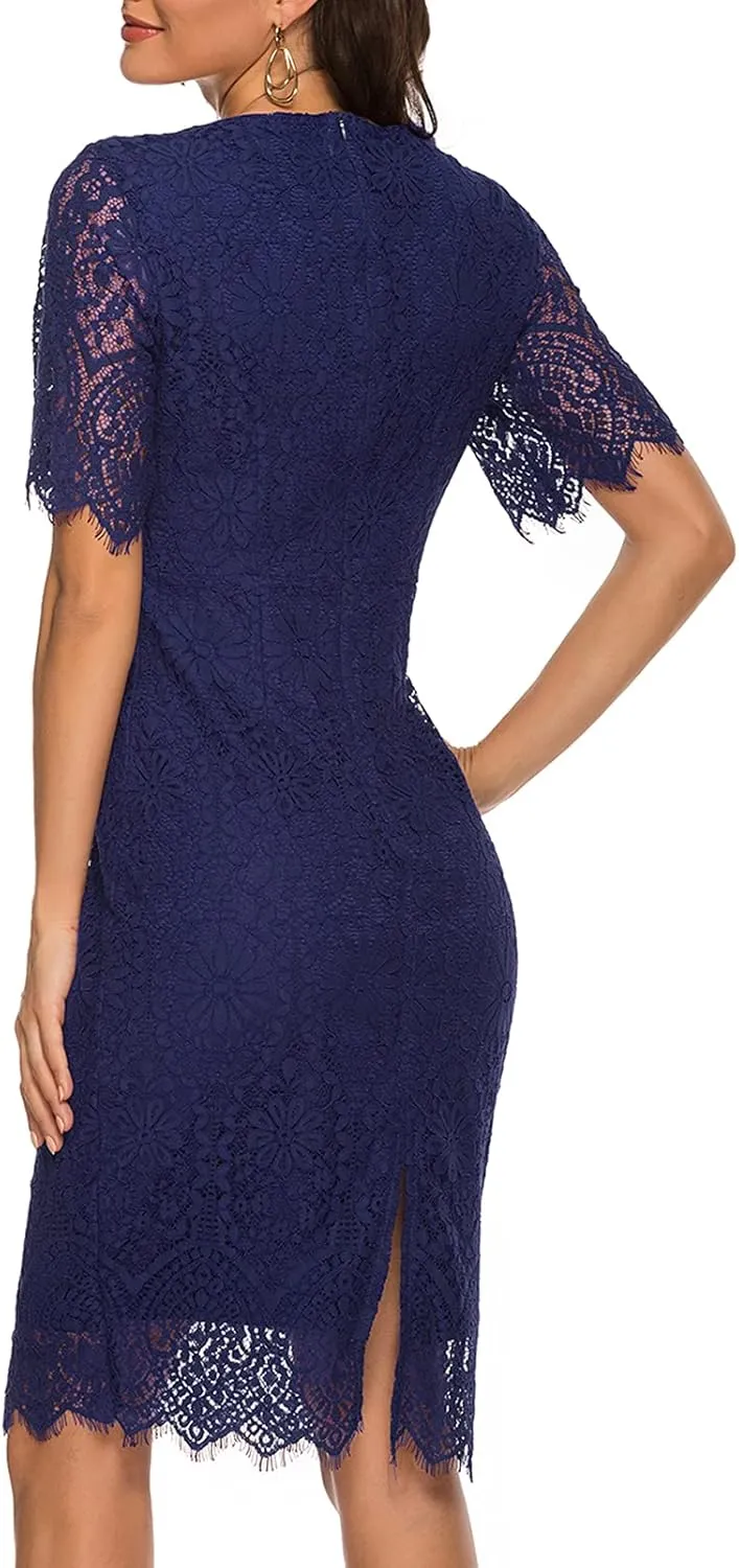 MEROKEETY Women's Short Sleeve Lace Floral Cocktail Dress Crew Neck Knee Length for Party