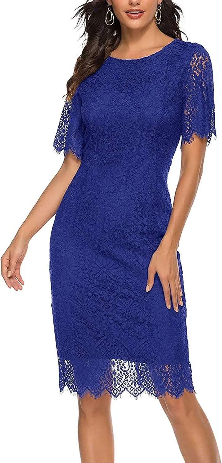 MEROKEETY Women's Short Sleeve Lace Floral Cocktail Dress Crew Neck Knee Length for Party