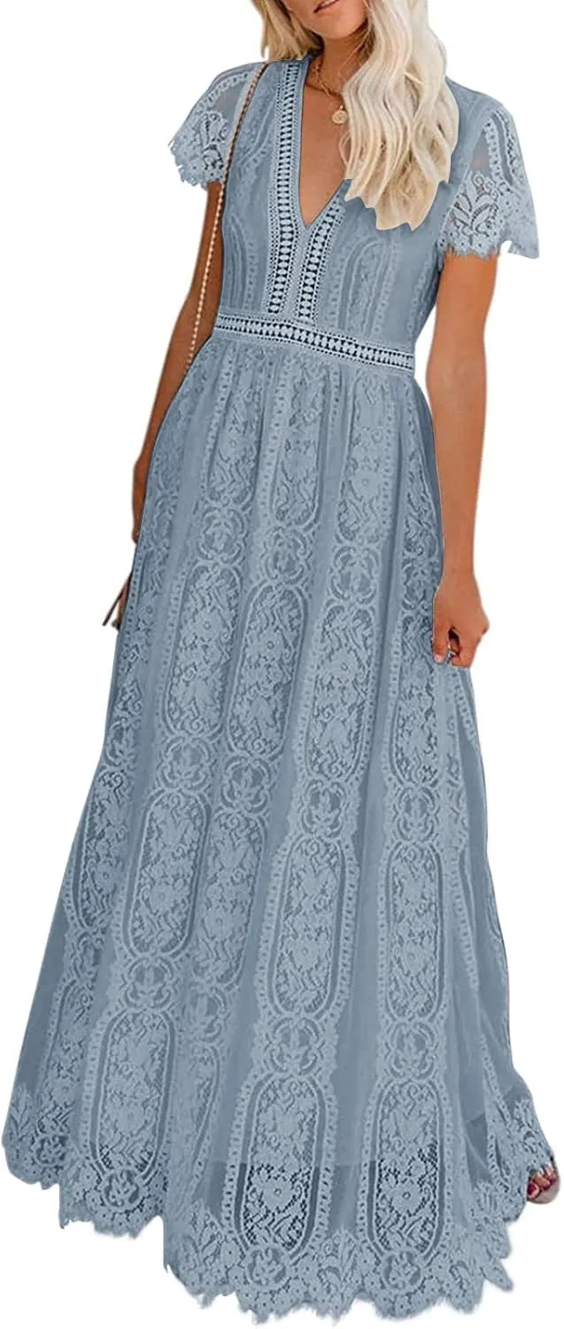 MEROKEETY Women's V Neck Short Sleeve Floral Lace Wedding Dress Bridesmaid Cocktail Party Maxi Dress