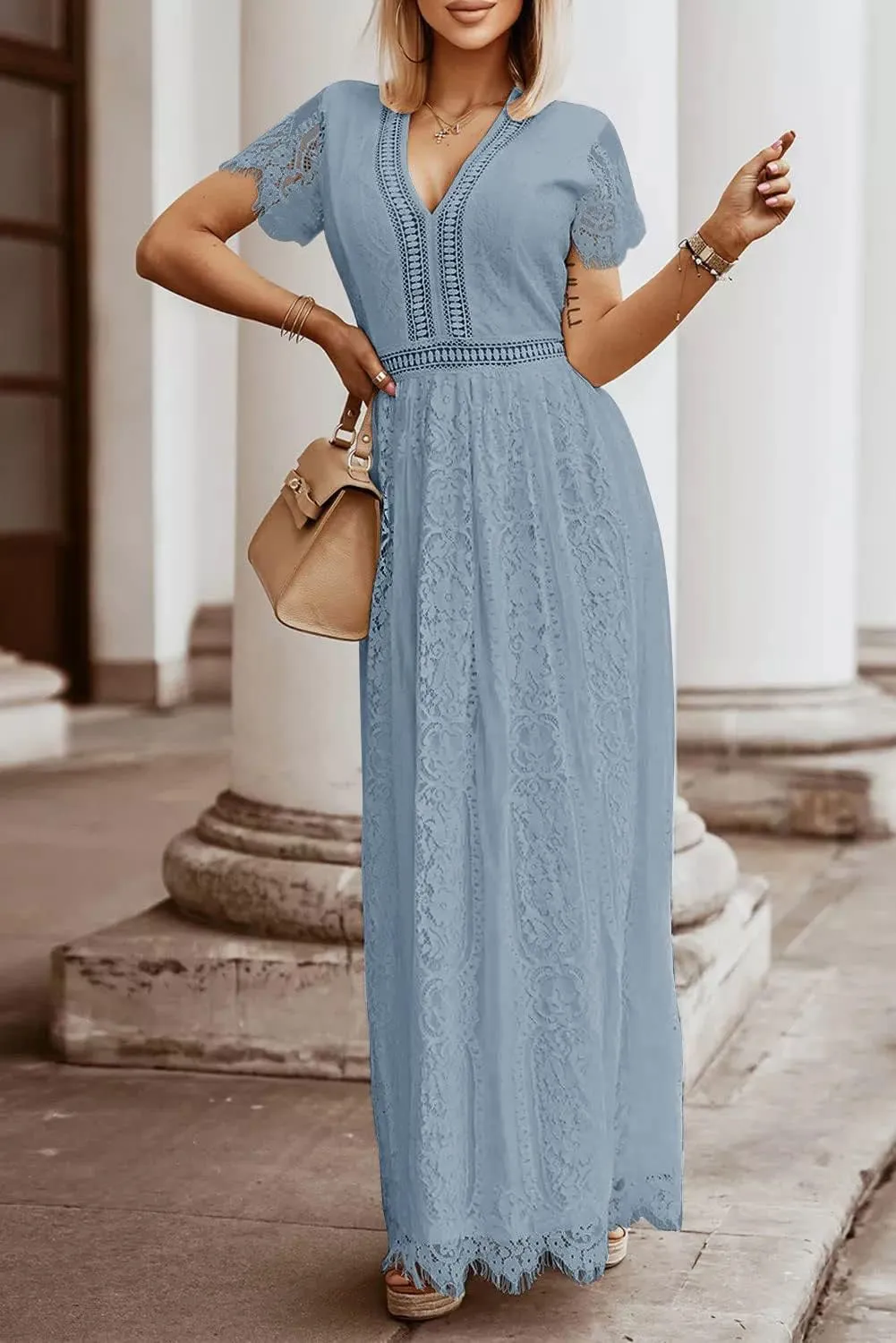 MEROKEETY Women's V Neck Short Sleeve Floral Lace Wedding Dress Bridesmaid Cocktail Party Maxi Dress