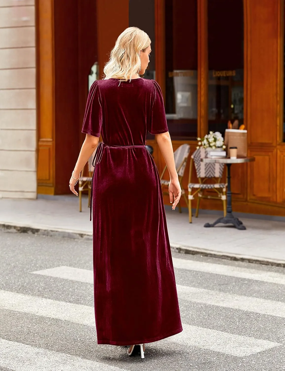 MEROKEETY Women's V Neck Wrap Velvet Maxi Dress Bell Sleeve Split Bridesmaid Cocktail Party Dresses