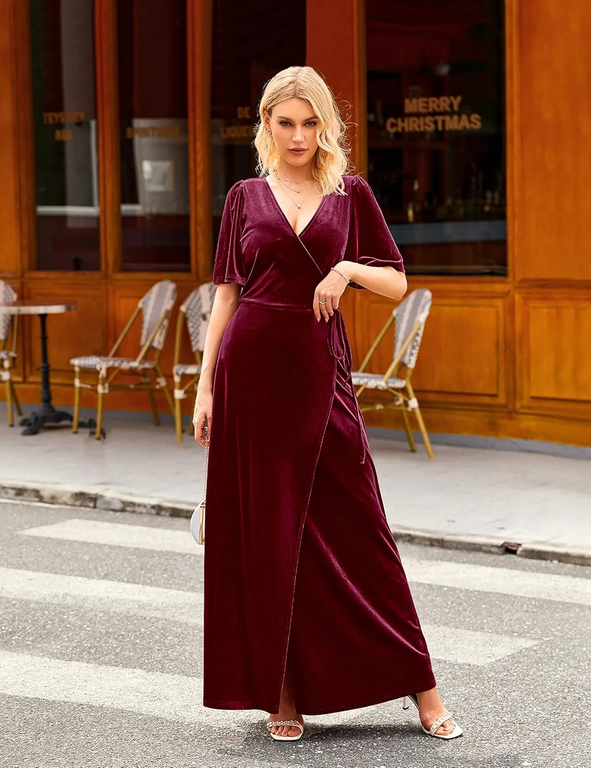 MEROKEETY Women's V Neck Wrap Velvet Maxi Dress Bell Sleeve Split Bridesmaid Cocktail Party Dresses